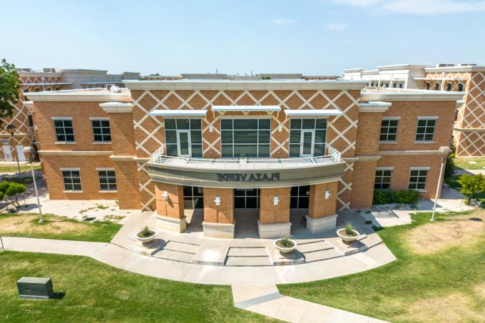 An aerial shot of Plaza Verde residence hall taken from a drone